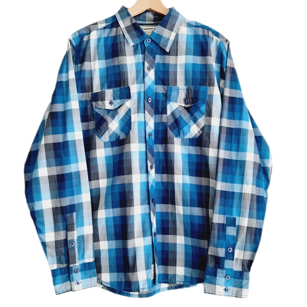 🍒 New - RUMORS 100% Cotton Plaid Checkered Shirt Blue Men's Sz L